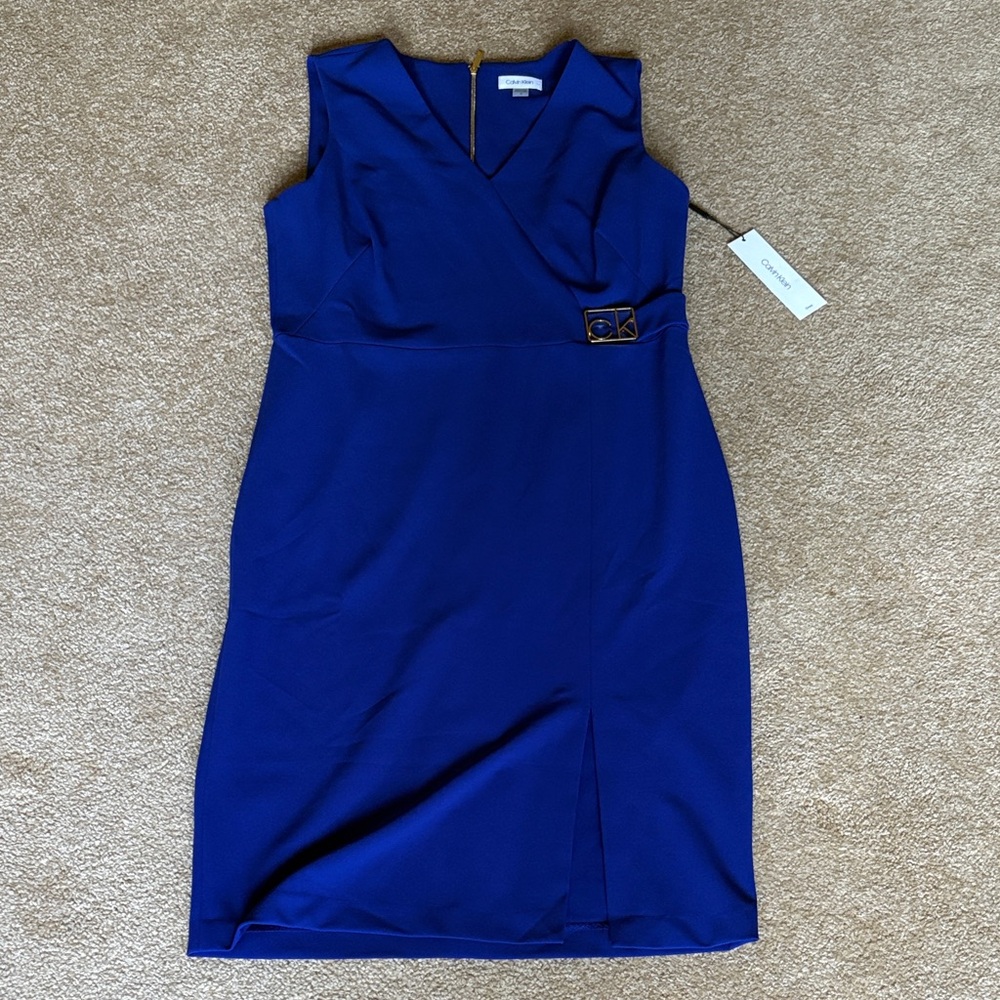 Calvin Klein Cobalt Blue Midi Dress size 14 NWT logo gold accents
